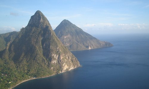 The Pitons from helicopter airport transfer