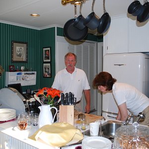 Our innkeepers in the comfy kitchen