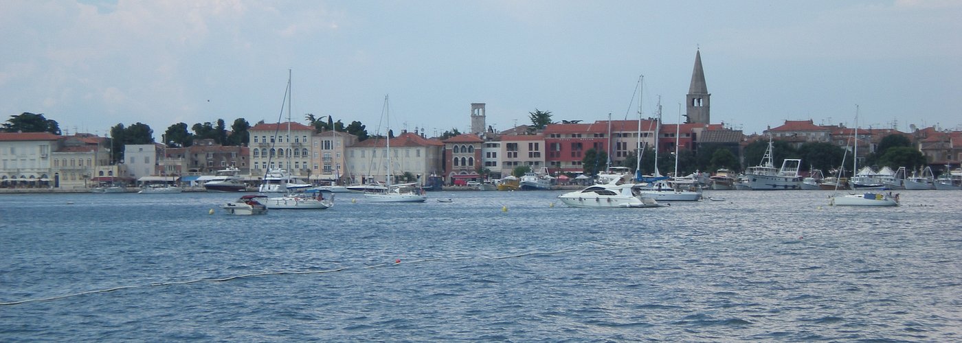 View of Porec old town from the Plava Laguna