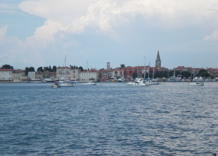 View of Porec old town from the Plava Laguna