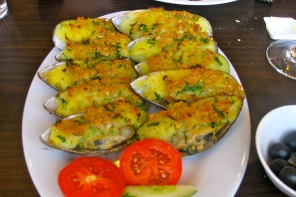 Lunch in Taipa Village, Macau.  Baked mussels.