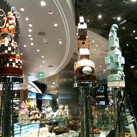 Chocolate sculpture towers at Jean-Philippe Patisserie inside ARIA at CityCenter