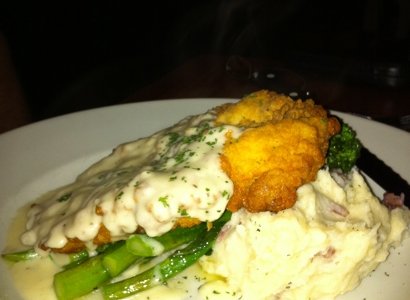 buttermilk fried chicken with mash potatoes and broccolini at Cotton. so delicious!