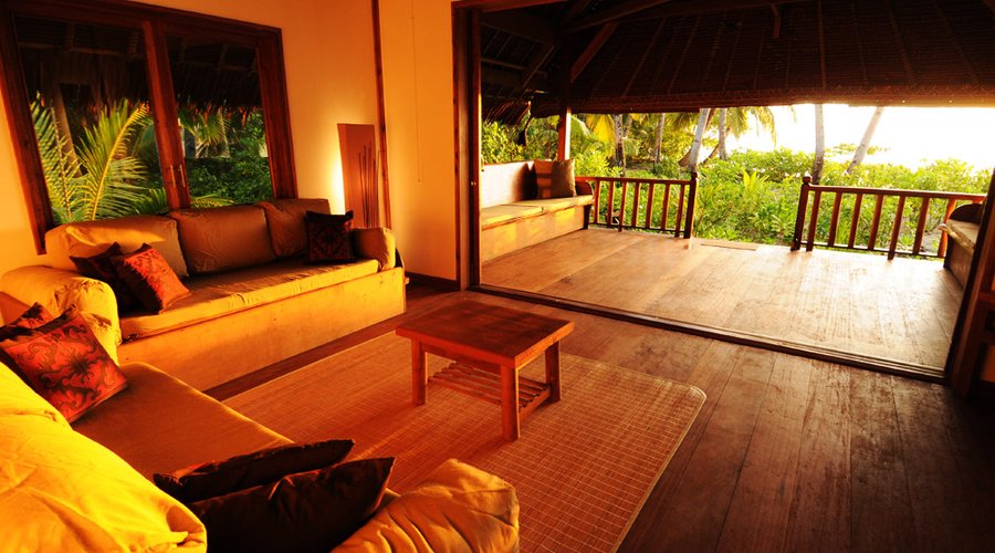 Bungalow living room at sunset.