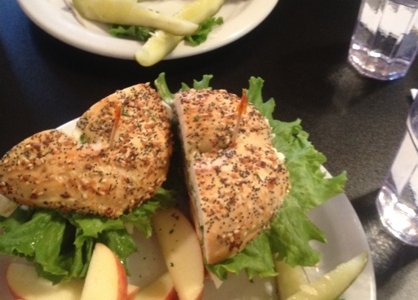 two sandwich plates; one with the Mac salad and the other with apple slices
