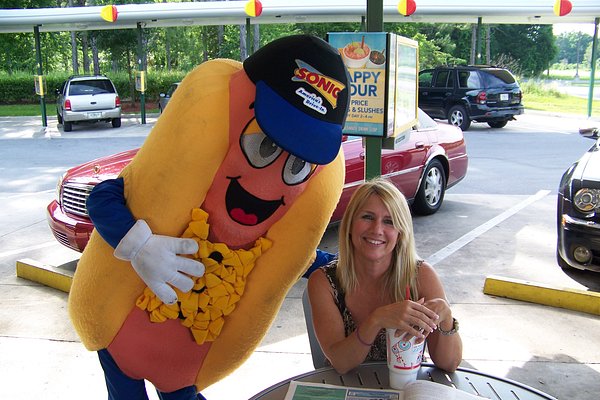 Giant hot dog mascot, street food costume, sandwich