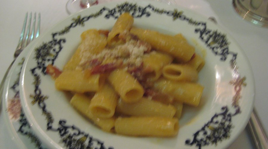 Not a good picture, but you can see the large penne used for the carbonara. Mouth watering!