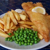 Cod, chips and Peas at the Boathouse.