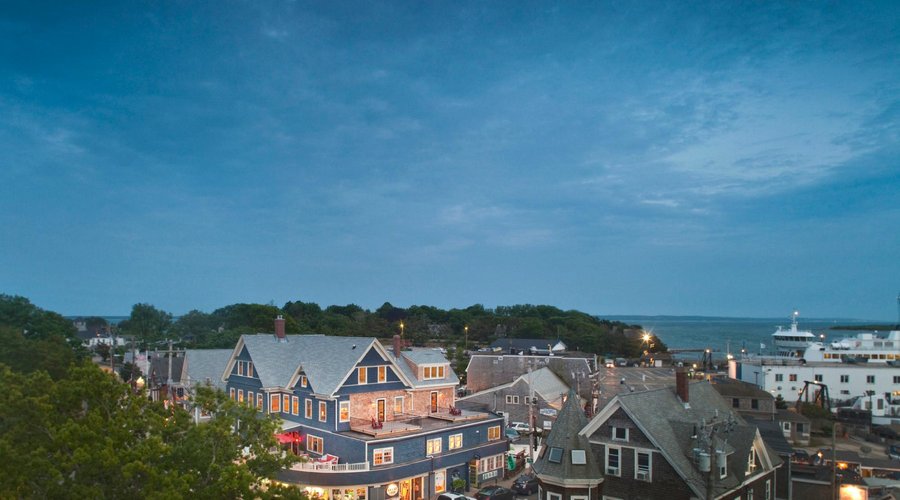 View of the Inn at dusk, looking out over the Martha's Vineyard ferry terminal.