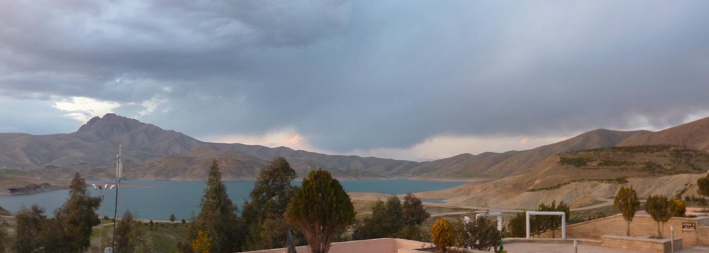 View across Dokan lake from Ashul Hotel. The hotel borders the unspoiled clear waters of the lak