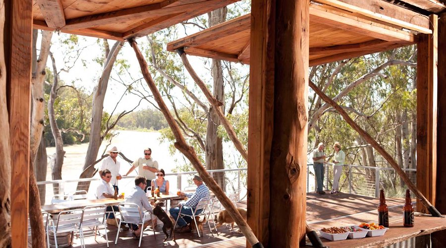 View from inside the woolshed of the deck overlooking the Murray!