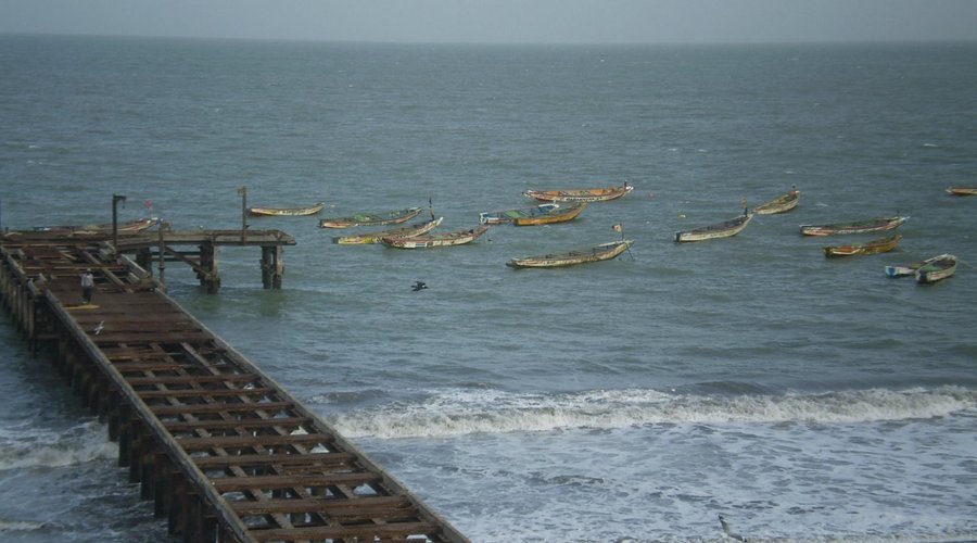 View from hotel of the fish dock and ocean
