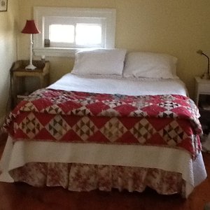 A queen size bed here and a view of the sheep and goat pasture.