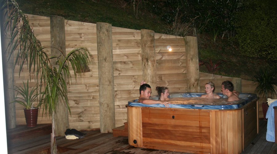 Enjoying the outdoor spa at night