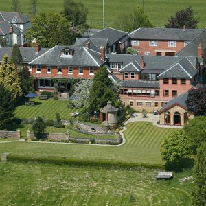 An aerial shot of the hotel from the back