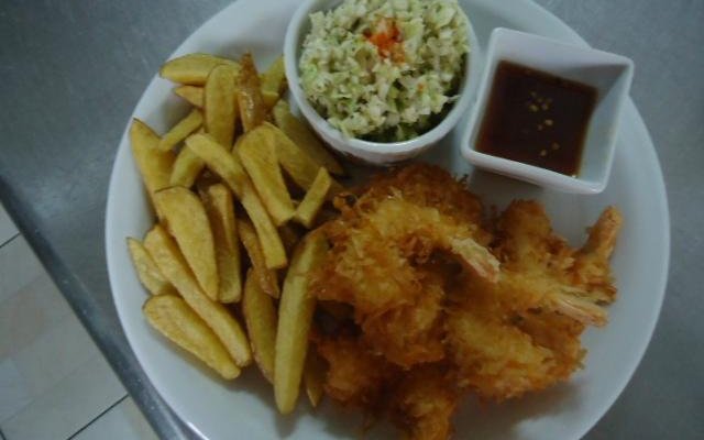 Coconut shrimp w szechaun sauce, french fries and cole slaw