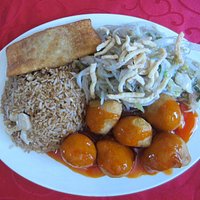 Sweet and sour chicken balls, chow mein, fired rice.