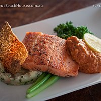 Pan seared Ocean Trout with Spring onion and chive crushed potatoes, sautéed broccolini and rom