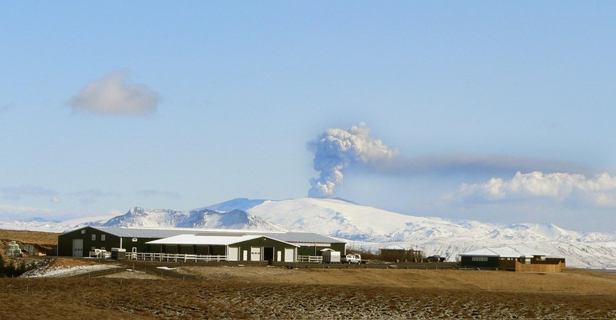 Skeiðvellir horsebreedingfarm with volcano in the background
