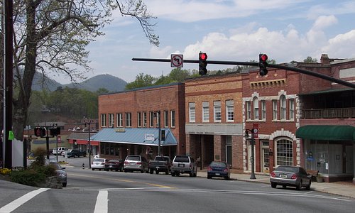 Downtown Tryon with the Blue Ridge Mountains up above.