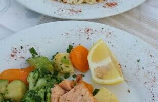 My salmon and my fiancé's chicken. .. both were good,  but nothing great... the healthier side a