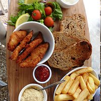 Humous and granary bread, fish goujons and chunky chips