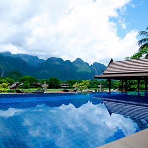 Our infinity pool with the Beautiful Vang Vieng mountains at your finger tips