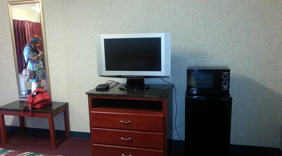 mini fridge, flat screen tv,  microwave