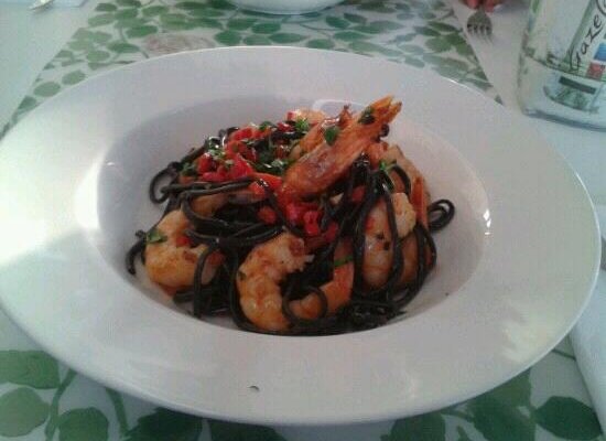 Black spaghetti and prawns. Yum.