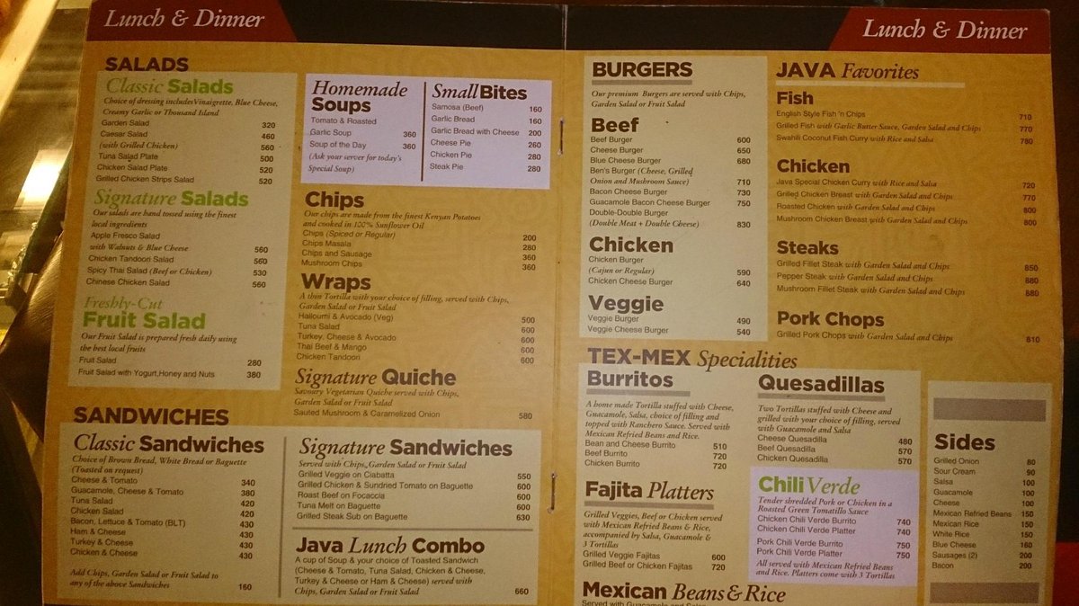 JAVA HOUSE, Nairobi - Argwings Kodhek Rd, Upper Hill Estate - Menu ...