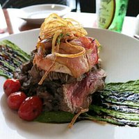 Steak with bacon rolled shrimps, onions, mashed potatoes and pesto saucem Yummy!!!