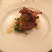 Pork belly with greengage compote and crackling