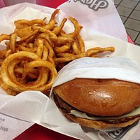 A really good mushroom and Swiss with curly fries.