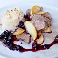 Pork filet with caramelized apple and cranberry sauce