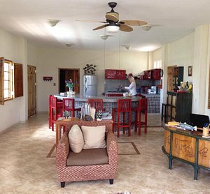Common area with wireless internet, TV, bar for breakfast, beer, couches, and friendly company
