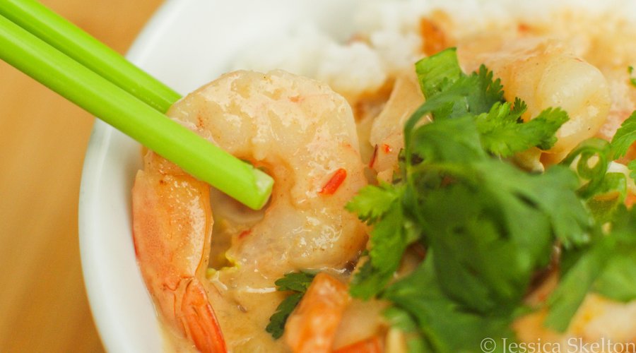 Malaysian peanut sauce with prawns on steamed rice