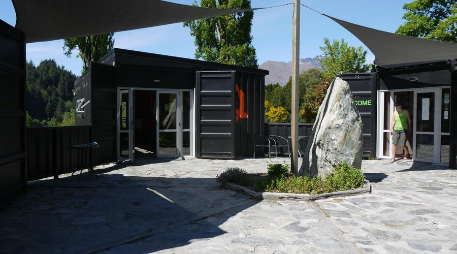 The ISO container hub (reception, lounge, kitchen, and bathrooms)