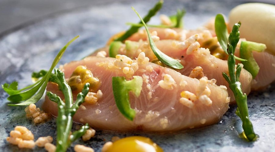 Hamachi sashimi, passionfruit, jalapeño, coconut, white soy