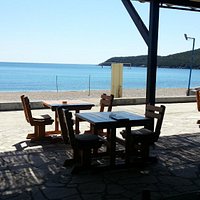 View out from the Kiki over the beach looking toward Italy
