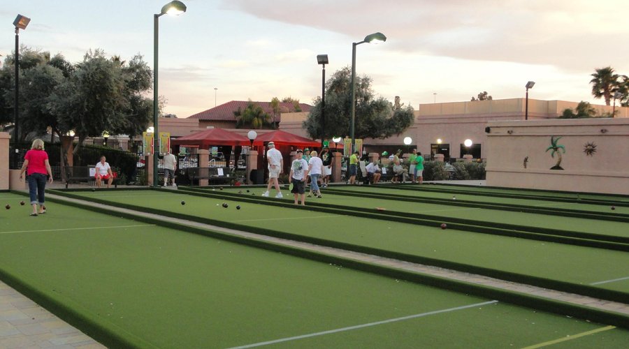 Bocce ball court, sewing room in background