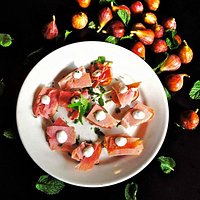 Fresh Figs Bellevue -- local big Brown Turkey's with country ham and Bill Smith's sauce.