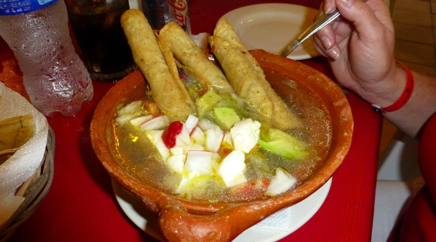 chicken soup with fried chicken tacos - very good