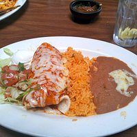 Chicken Burrito (with rice, refried beans and salad)