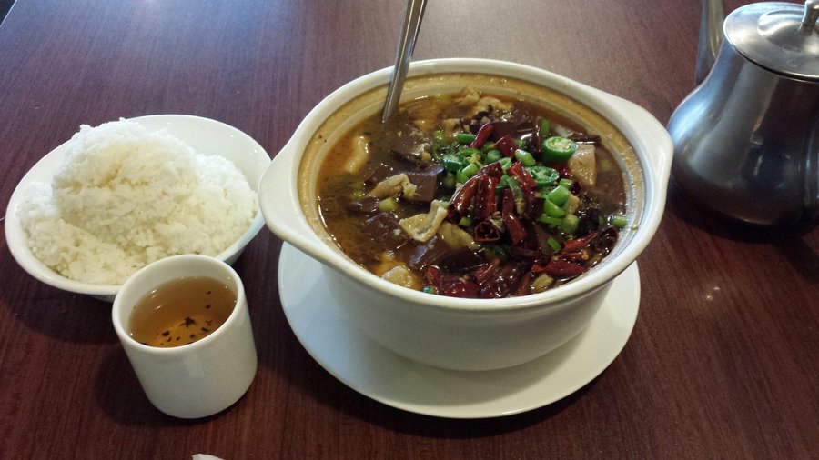 (Tastiest item on menu) Spicy tripe and bloodcake soup with bean sprouts.
