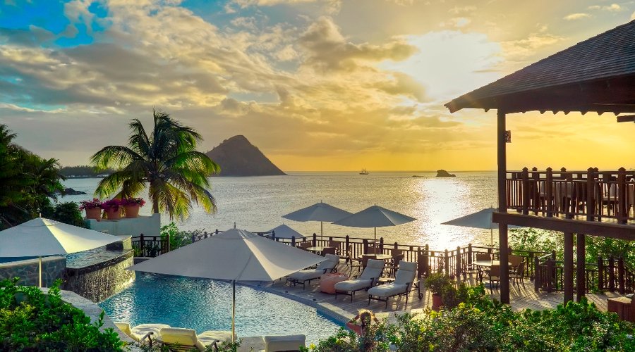 Perfect sunsets over Cap Maison main infinity pool