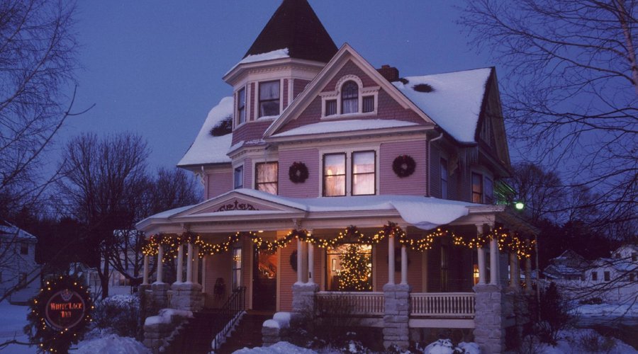 Open All Year. White Lace Inn Main House in Winter for the Holidays.