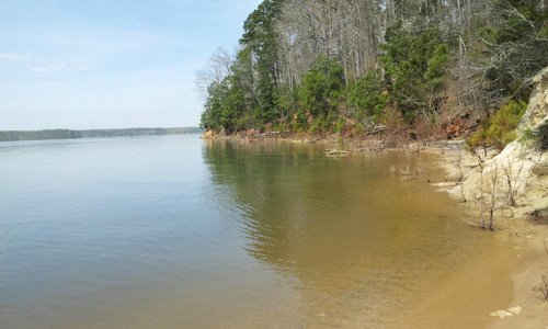 Lake at full level meets hillside