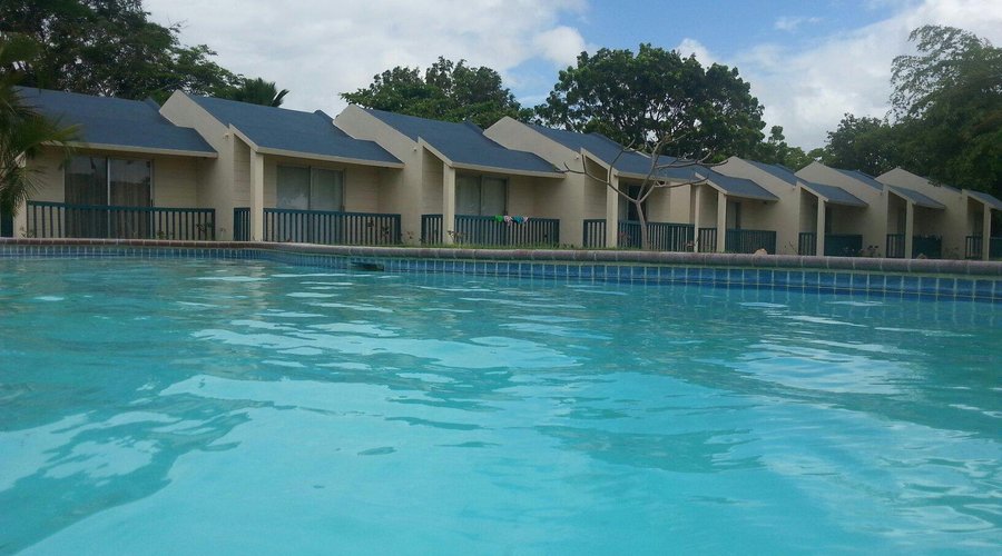 View to the rooms from the pool.