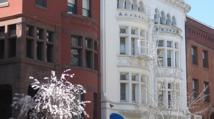 Front of hotel (white building)