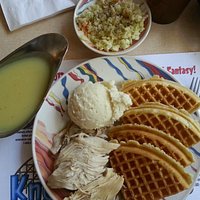 Chicken & waffles with sides of mashed potatoes and coleslaw :)